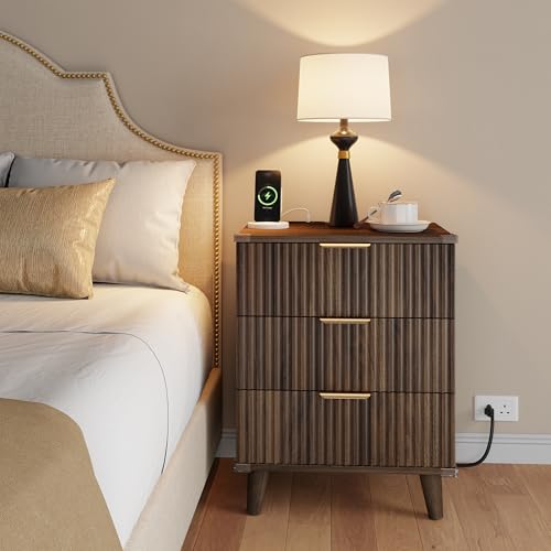 Lulive Wood Bedside Table w/Charging Station, 3 Drawers Fluted Dresser - color: Walnut, size: 3 Drawers-Set of 1 Nightstand