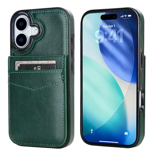 KIHUWEY for iPhone 17 Wallet Case Card Holder Kickstand, Dark Green | Credit Card Slots, PU Leather, Magnetic Clasp, Flip Heavy Duty Protection Cover for Men and Women - color: Dark Green