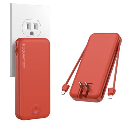 Nusyddy Portable Charger 10000mAh Fast Charging w/Built-in Wall Plug Red - color: Red