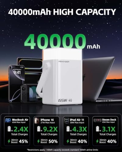 65W Power Bank 40000mAh Laptop Portable Charger Battery Pack - White - color: Glacier White