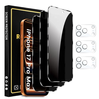 Romkasi 3 Pack Privacy Screen Protector for iPhone 17 Pro Max 6.9 Inch with 3 Pack Camera Lens Protector, Anti Spy Tempered Glass Film, Anti-Scratch, Touch Sensitive, Case Friendly - color: iPhone 17 Pro Max