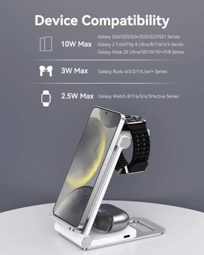 Wireless Charger for Samsung 3 in 1 Wireless Charging Station Stand - color: White Grey