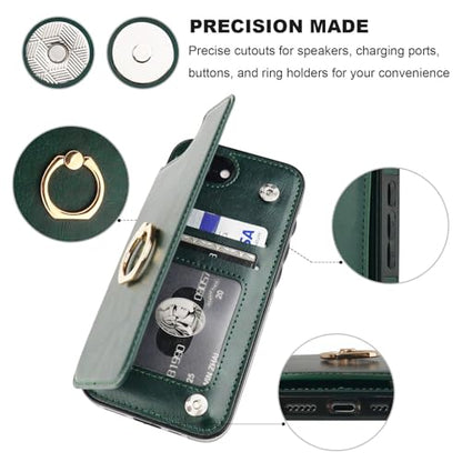 ONETOP for iPhone 17e/16e Wallet Case with Credit Card Holder,Green | 360° Rotation Ring Kickstand,Finger Grip,Double Magnetic Clasp,RFID Blocking PU Leather Shockproof Cover for Women Men - color: Green