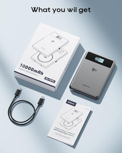 Kuulaa Qi2 MagSafe Power Bank 15W Wireless Portable Charger, 10000mAh Magnetic Battery Pack with Foldable Stand and Smart Display for iPhone 17/16/15/14/13/12 Series Not for Pixel,Grey
