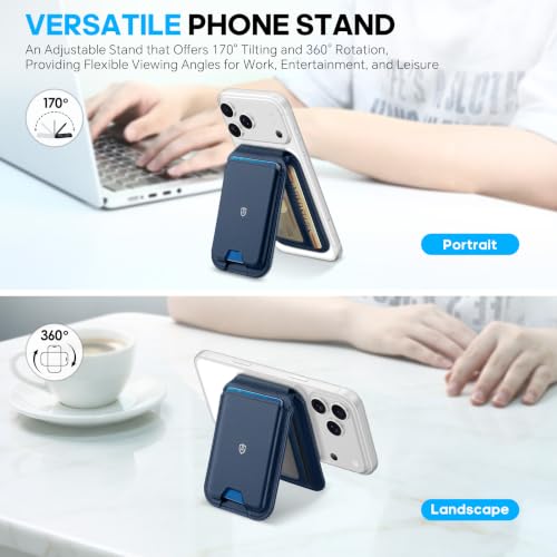 SHIELDON Genuine Leather for MagSafe Wallet, Adjustable Stand, Navy Blue - color: Navy Blue