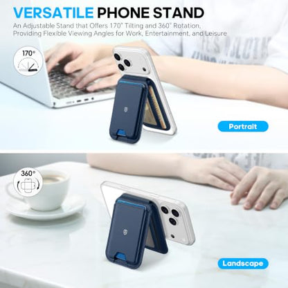 SHIELDON Genuine Leather for MagSafe Wallet, Adjustable Stand, Navy Blue - color: Navy Blue