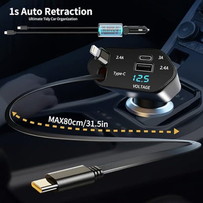 YAOKEEP 4 in 1 Retractable Car Charger, 120W Fast Car Phone Charger