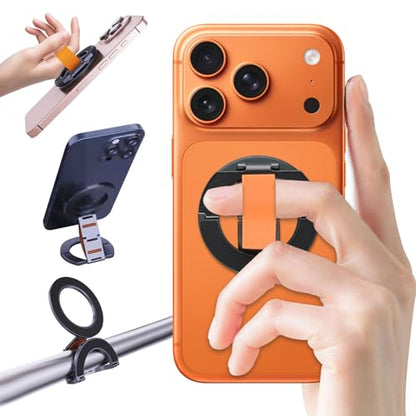 Dual-Sided for MagSafe Ring Holder, Magnetic Phone Grip&Kickstand with Soft Finger Strap, 360°Rotating Magnet Stand Grip for iPhone 17/16/15/14/13/12 Series, Gym,Car Mount