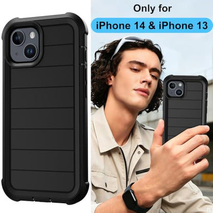 for iPhone 14 Case/iPhone 13 Case with Belt Clip Holster Screen Protectors, Heavy Duty Military Grade Shockproof Protection Rugged Anti-Drop Kickstand Phone Cover for Apple 14/13 (Black) - color: Black