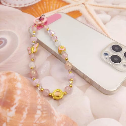 Cute Phone Wrist Strap Chic Beaded Cellphone Lanyard Phone Charm Grip Strap - color: Pink Butterfly
