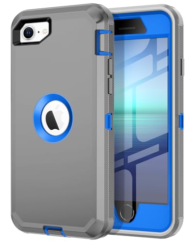 I-HONVA for iPhone SE 2022/2020 Case Built-in Screen Protector Shockproof Dust/Drop Proof 3 in 1 Full Body Rugged Heavy Duty Cover for Apple iPhone SE 3rd/2nd Gen 4.7,Grey/Blue - color: Grey/Blue