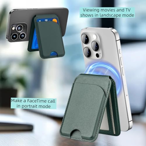 Magnetic Wallet for Mag-Safe with Adjustable Stand, 5 Card Holder, RFID Blocking,Upgraded Leather Card Holder Wallets Compatible with iPhone 17 16 15 14 13 12 Series - color: green folding support