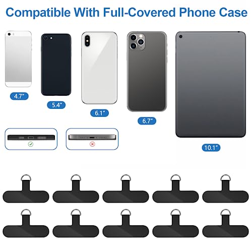 Phone Tether Tab, 10 Pieces Universal Phone Lanyard Patch Without Adhesive,Phone Lanyard Replacement Part for Cell Phone Strap(Black) - color: Black