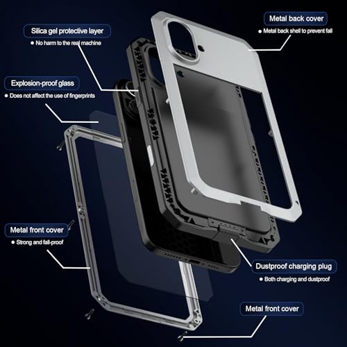 for iPhone 16 Metal Case 6.1",Heavy Duty Shockproof Aluminum Alloy [Tough Armour] Military Grade Phone Case,360 Full Body Protective Cover with Silicone Built-in Screen Protector (Silver) - color: Silver