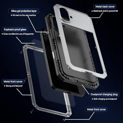 for iPhone 16 Metal Case 6.1",Heavy Duty Shockproof Aluminum Alloy [Tough Armour] Military Grade Phone Case,360 Full Body Protective Cover with Silicone Built-in Screen Protector (Silver) - color: Silver