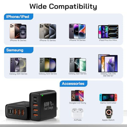 2Pack USB C Fast Charger Block, Total 60W 5-Port USB C Wall Charger 30W - color: Black