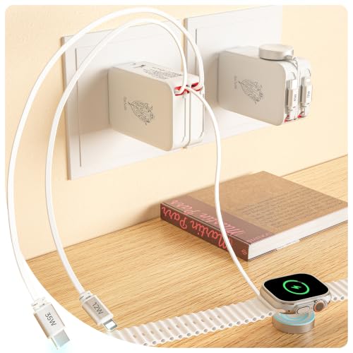 5-in-1 Retractable Apple Watch Charger, 35W Travel Wall Charger - color: Peal White
