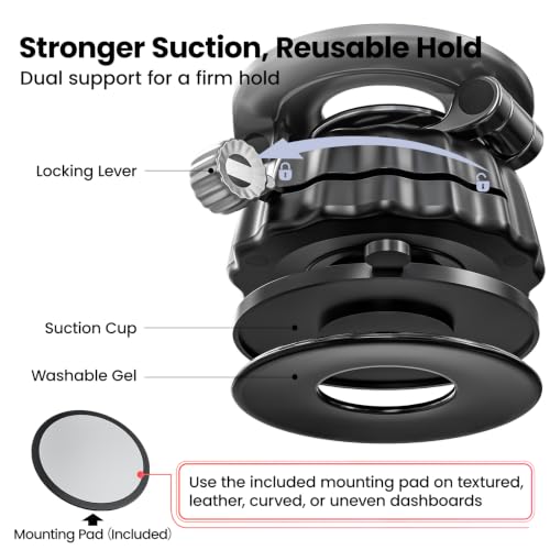 Strong Suction Cup Magnetic Car Phone Holder for iPhone & Android Phones, Shock-Resistant Phone Mount for Dashboard Windshield, 360° Rotation, Heavy-Duty, Foldable, Hands-Free, Ideal for Navigation - color: Black