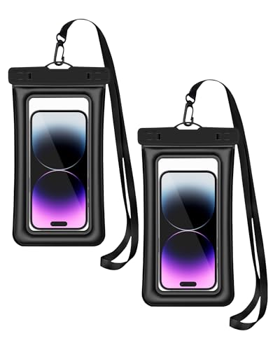Floating Waterproof Phone Pouch (2-Pack), IPX8 Dry Bag with Built-in Airbag, Touch-Friendly Clear Case with Lanyard for Beach, Swimming, Kayaking & Cruise, Fits Phones up to 7.2" (Black) - color: Black-Black