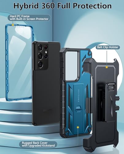 FNTCASE for Samsung Galaxy S21 Ultra Case with Belt Clip and Kickstand Blue | Built-in Screen Protector, Military-Grade Drop Protection, Rugged Heavy Duty Shockproof Holster Protective Cover - color: Blue