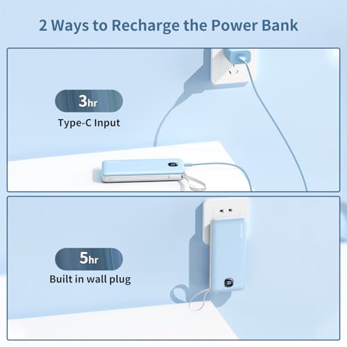 Portable Charger 10000mAh 22.5W Power Bank,Built-in 3 Cables & AC Wall Plug - color: Blue