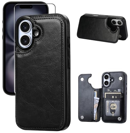 Wallet Case Compatible with iPhone 16 6.1", Slim Protective Case with Card Holder,Premium PU Leather Kickstand Card Slots Case with Double Magnetic Clasp-Black - color: Black, size: iphone 16 6.1"
