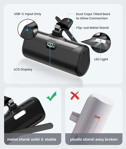 Small Portable Charger for iPhone, 5000mAh Mini Battery Pack with Builtin Metal Stand, MFi Certified Compact Power Bank with LCD Display & LED Light for iPhone 14/13/12/11/XR/X/SE/8/7/6Pro Max-Black - color: Black