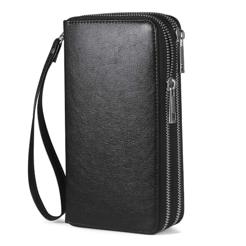 Double Zipper Wallet for Women RFID Blocking Cellphone Wristlet Large Size Multi Card Clutch Purse with Removable Strap, Black - color: Black
