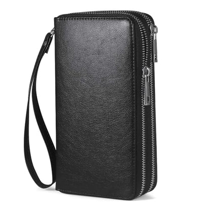Double Zipper Wallet for Women RFID Blocking Cellphone Wristlet Large Size Multi Card Clutch Purse with Removable Strap, Black - color: Black