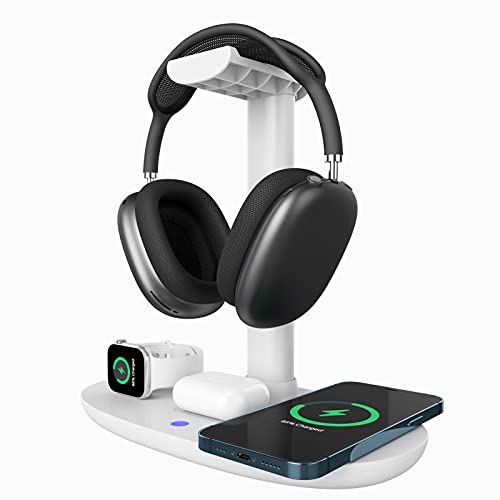 Headphone Stand with 15w Wireless Charger, Suguder 4 in 1 Charging Station Headset Holder for AirPods Max/Pro/4/3/2 iWatch 10/9/8/7/6/5/4/3/2/1/SE iPhone 17/16/15/14/13/12/11/X for Desktop Table Game - color: White