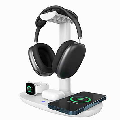 Headphone Stand with 15w Wireless Charger, Suguder 4 in 1 Charging Station Headset Holder for AirPods Max/Pro/4/3/2 iWatch 10/9/8/7/6/5/4/3/2/1/SE iPhone 17/16/15/14/13/12/11/X for Desktop Table Game - color: White