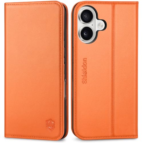 SHIELDON Genuine Leather Flip Wallet Case for iPhone 17 6.3" 2025, Orange | Magnetic Closure, RFID Blocking, Credit Card Holder, Viewing Stand, Foldable Design, Shockproof Protective Cover - color: Orange