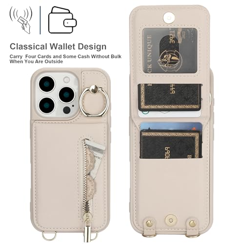 Crossbody Wallet Case for iPhone 12 Pro Max, with Card Slots Zipper Pocket Case, Flip Folio Purse RFID Blocking with Ring Kickstand Detachable Strap-Beige - color: Beige, size: iPhone 12 Pro Max(6.7")