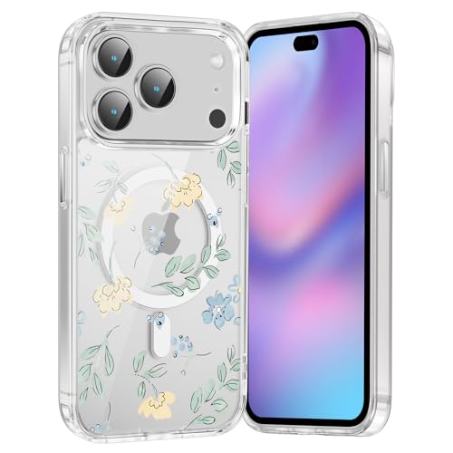 for iPhone 17 Pro Max Magnetic Case Cute Clear Flower Pattern Case, Aesthetic Spring Floral for Girls Women, Soft TPU Clear Slim Anti-Drop Shockproof Protective Phone Cover - Orange Flower - color: Blue Flower, size: iPhone 17 Pro Max