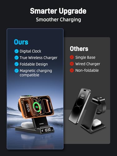 3 in 1 Charging Station for Apple,Travel Wireless Charger with Clock - color: Black