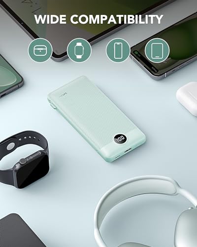 VRURC Portable Charger Built-in Cables and AC Wall Plug, USB C Power Bank 10000mAh, Travel Battery Portable Phone Charger Compact Lightweight External Battery Pack for Smart Phones, Tablets etc-Green - color: Green