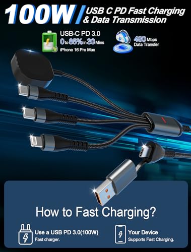 100W 2 USB C Multi Charging Cable for Apple Watch - 10ft USB C Fast Charging Cord with Dual USB-C (100W/10W), Lightning & Magnetic Apple Watch Charger, Braided for iPhone 17-14, iPad, Galaxy S24/S23