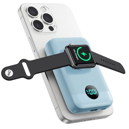 Magnetic Portable Charger with Apple-Watch Charger,10800mAh 25W PD Fast Charging Wireless Power Bank,4 Outputs Travel Essential for Magsafe Battery Pack Compatible with iPhone 17/16/15/14/13/12 Series - color: Sky Blue
