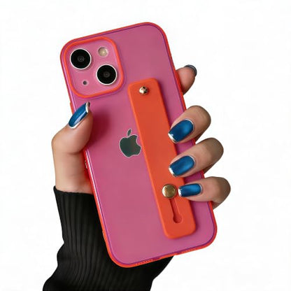 Strap Case for iPhone 13 with Stand, Neon Magenta | Wrist Strap Kickstand, Adjustable Finger Hand Grip Loop, Slim Transparent Anti-Scratch Back, Soft Bumper Phone Cover - color: Neon Magenta, size: iPhone 13
