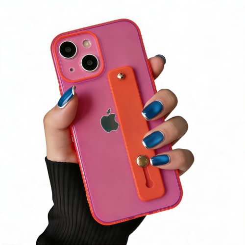 Strap Case for iPhone 15 with Stand, Neon Magenta | Wrist Strap Kickstand, Adjustable Finger Hand Grip Loop, Slim Transparent Anti-Scratch Back, Soft Bumper Phone Cover - color: Neon Magenta, size: iPhone 15