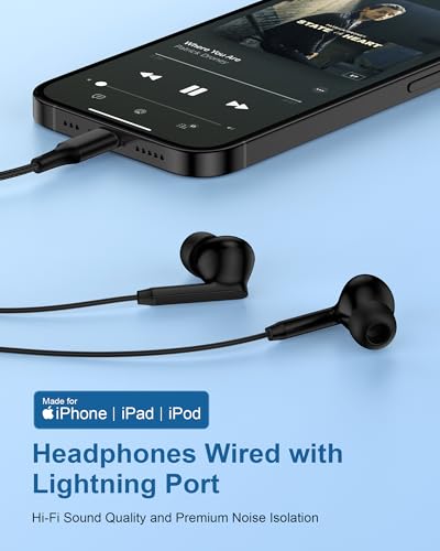 iPhone 14 Headphones Wired Earbuds with Lightning Connector MFi Certified - color: Black-1 Pack