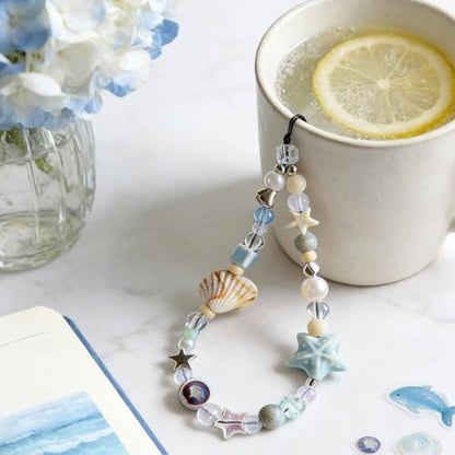 Cute Beaded Camera Wrist Strap for Phone, Digital Camera Charm Lanyard, Pearl Beaded Chain for Bag Keychain Gift - color: Blue Shell