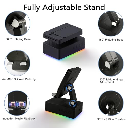 Wireless Induction Bluetooth Speaker, 5-in-1 Foldable Phone Holder, 1500mAh Emergency Charging, Colorful LED Ambient Light, Tech Gadgets Gifts for Men Women, for iPhone Android Tablet, Black - color: Black