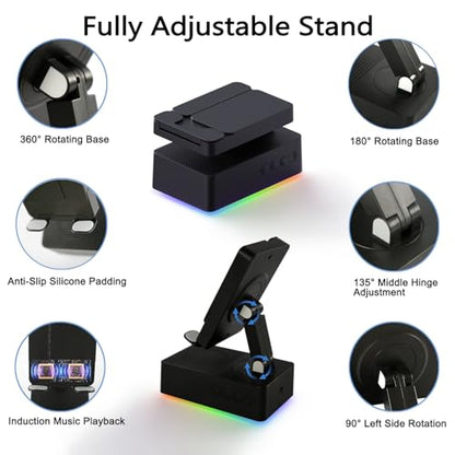 Wireless Induction Bluetooth Speaker, 5-in-1 Foldable Phone Holder, 1500mAh Emergency Charging, Colorful LED Ambient Light, Tech Gadgets Gifts for Men Women, for iPhone Android Tablet, Black - color: Black