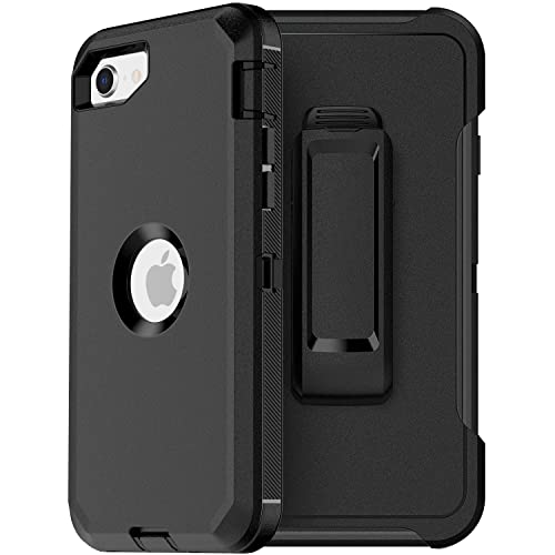 MXX Case Designed for iPhone SE 2020 / SE 2022 Heavy Duty Protective Case with Screen Protector [3 Layers] Rugged Rubber Shockproof Protection Cover & Rotating 360 Degree Belt Clip (Black) - color: Black