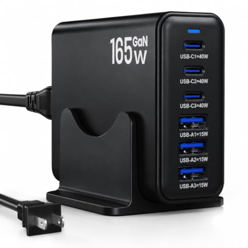 165W GaN Charging Station, 6-Port Desk Charging Station, Black - color: Black
