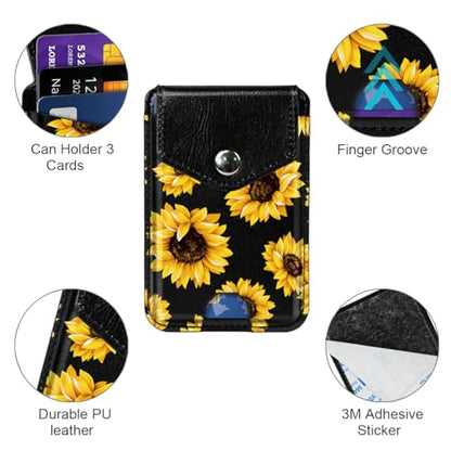 Self Adhesive Card Holders for Back of Phone, Cute Premium Leather RFID Phone Wallet Pockets with Snap, Slim Card Holders Sleeve for Phone Case, Sunflower - color: Sunflower