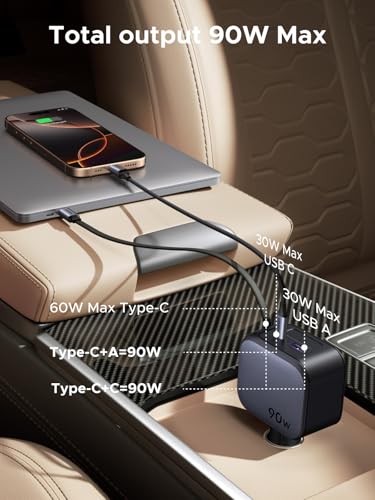 UGREEN 90W 3-Port Retractable Car Charger with 60W Retractable Cable