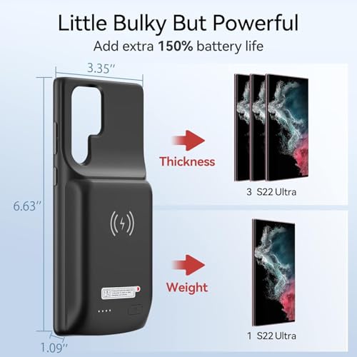 NEWDERY Battery Case for Galaxy S22 Ultra,10000mAh Charger Case | Qi Wireless Charging & 18W Fast Recharging Supported, Powerful Rechargeable Battery Pack for Samsung S22 Ultra 5G-6.8" Black - size: For Galaxy S22 Ultra