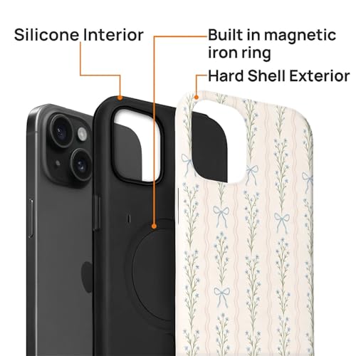 Magnetic for iPhone 15 Case,[Compatible with Magsafe] Dual Layer Protective Heavy Duty Shockproof Rugged Drop Protection Bumper Hybrid Case - Blue Bow Stripes - color: Blue Bow Stripes, size: iPhone 15